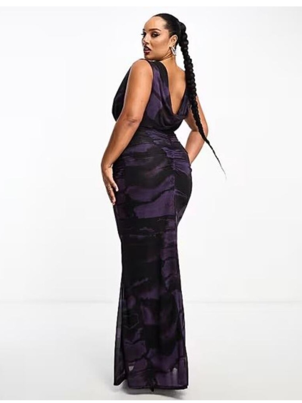ASOS Curve Plunge Sheer Ruched Maxi Dress Cowl Back Purple Black Snake Print 18 - Picture 2 of 13